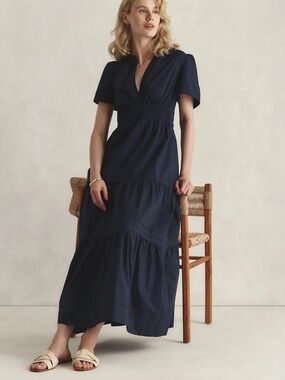 Quince NWT Navy 100% Organic Cotton Poplin Tiered Maxi Dress